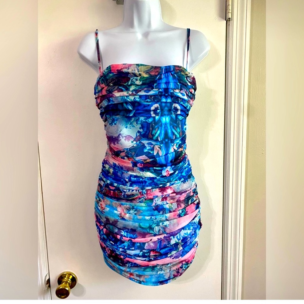 Revolve More to Come Mariana Ruched Mini Dress in Blue Multi Size Medium